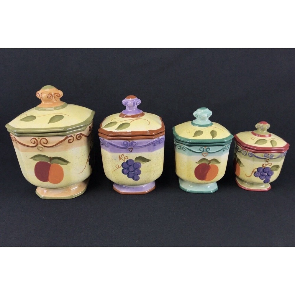 Tabletops Medici Fruit Canister Set of 4 Hand Painted with Lids Fruits / Scrolls